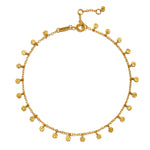 Walk with Joy Coin Chain Anklet, an elegant piece of spiritual jewelry crafted in 18kt gold plating. This anklet symbolizes meditation, protection, and meaningful charm, perfect for those who value talismans in their yoga and manifestation practices.