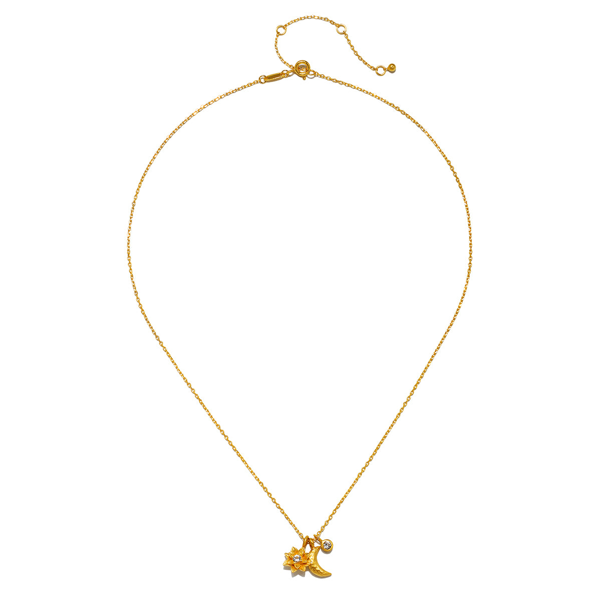 Close-up of the Spirit in Transformation Lotus Moon Necklace highlighting its delicate gold chain and pendant details, embodying spiritual significance, including meanings of transformation and charm, ideal for those who appreciate yoga and zodiac influences.
