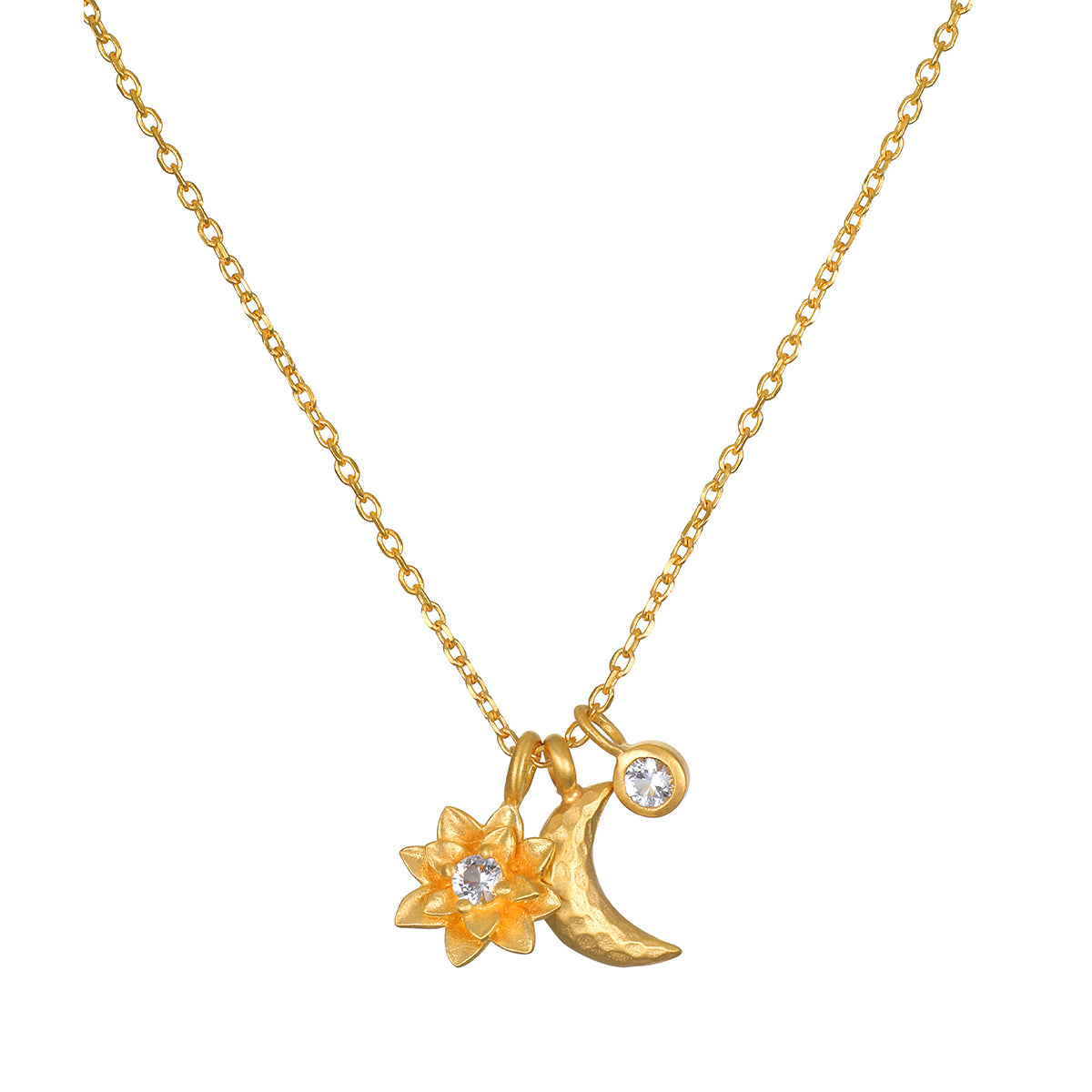 Spirit in Transformation Lotus Moon Necklace featuring a gold-plated lotus flower, crescent moon, and white topaz star. This piece of spiritual jewelry serves as a talisman for new beginnings and protection, perfect for yoga and meditation practices.