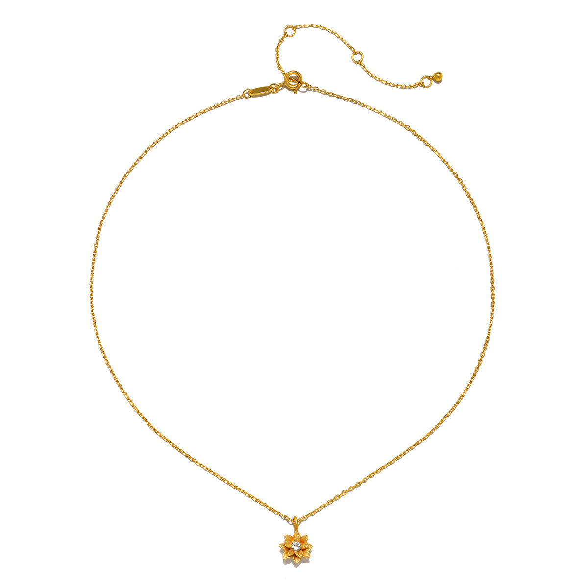 The Soul Renew Gold Lotus Necklace displayed on a white background, highlighting its elegant design of a lotus charm with a white topaz stone. This spiritual jewelry symbolizes manifestation and serves as a talisman for those seeking spiritual alignment and meaningful experiences in their lives.