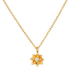 Soul Renew Gold Lotus Necklace featuring a beautiful 18kt gold plated lotus flower charm with a white topaz accent. This spiritual jewelry piece symbolizes new beginnings and is perfect for meditation and manifestation, making it a meaningful talisman for yoga and holistic practices.