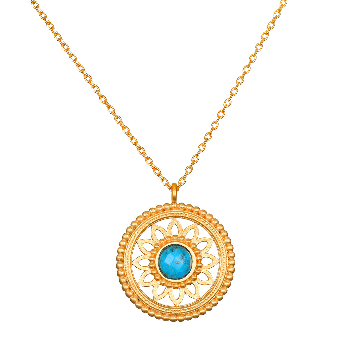 Nurture Intuition Turquoise Mandala Necklace featuring a vibrant turquoise gemstone set in an intricate gold-plated mandala pendant, embodying spiritual jewelry and meaning, ideal for meditation and manifestation.