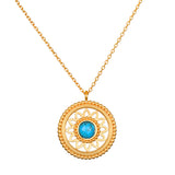 Nurture Intuition Turquoise Mandala Necklace featuring a vibrant turquoise gemstone set in an intricate gold-plated mandala pendant, embodying spiritual jewelry and meaning, ideal for meditation and manifestation.