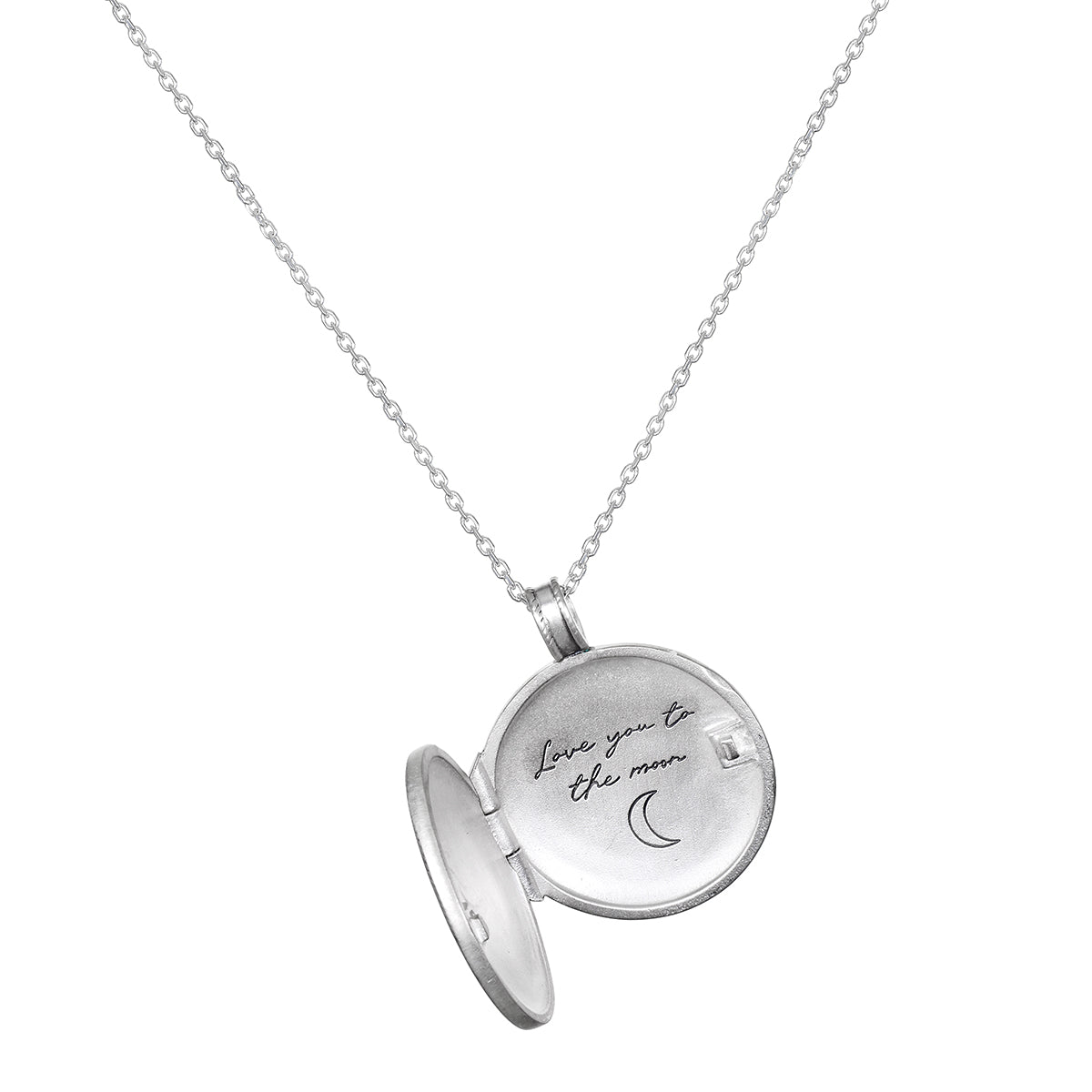 Inside view of the Mother Moon Silver Locket Necklace, revealing the heartfelt inscription 'love you to the moon', a beautiful reminder of meaningful connections and spiritual intentions perfect for charm and manifestation.