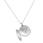 Inside view of the Mother Moon Silver Locket Necklace, revealing the heartfelt inscription 'love you to the moon', a beautiful reminder of meaningful connections and spiritual intentions perfect for charm and manifestation.