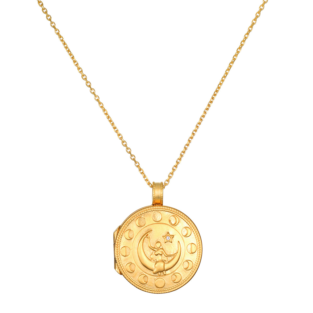 Mother Moon Gold Locket Necklace featuring a crescent moon design, symbolizing nourishment and protection, ideal for spiritual jewelry enthusiasts and those seeking meaning in their talismans for meditation and manifestation.