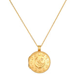Mother Moon Gold Locket Necklace featuring a crescent moon design, symbolizing nourishment and protection, ideal for spiritual jewelry enthusiasts and those seeking meaning in their talismans for meditation and manifestation.