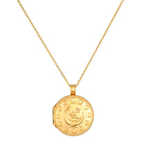 Mother Moon Gold Locket Necklace featuring a crescent moon design, symbolizing nourishment and protection, ideal for spiritual jewelry enthusiasts and those seeking meaning in their talismans for meditation and manifestation.
