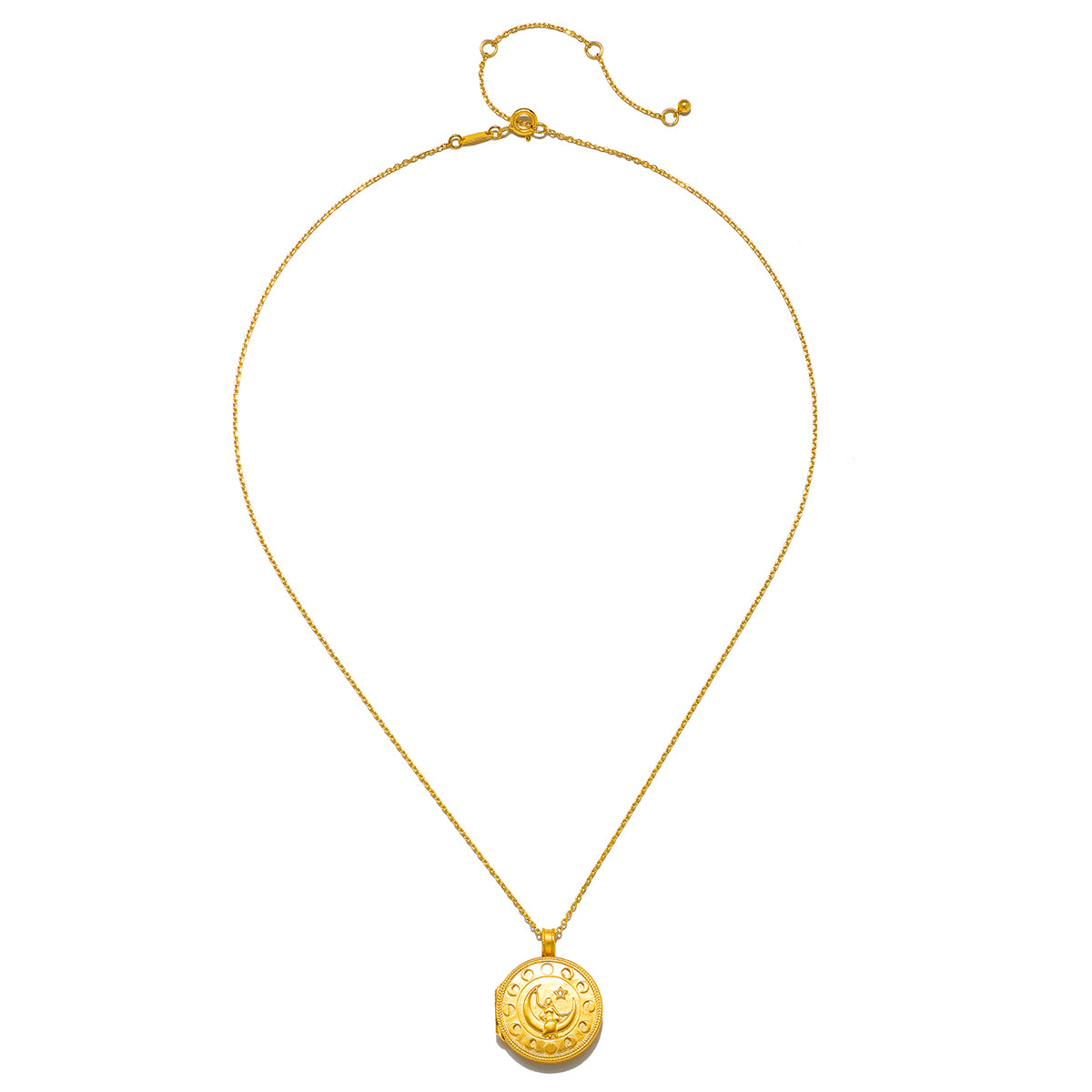 Elegant Mother Moon Gold Locket Necklace featured alone, highlighting its intricate design and spiritual significance, perfect as a talisman for manifestation and reflection on the sun and moon energies.