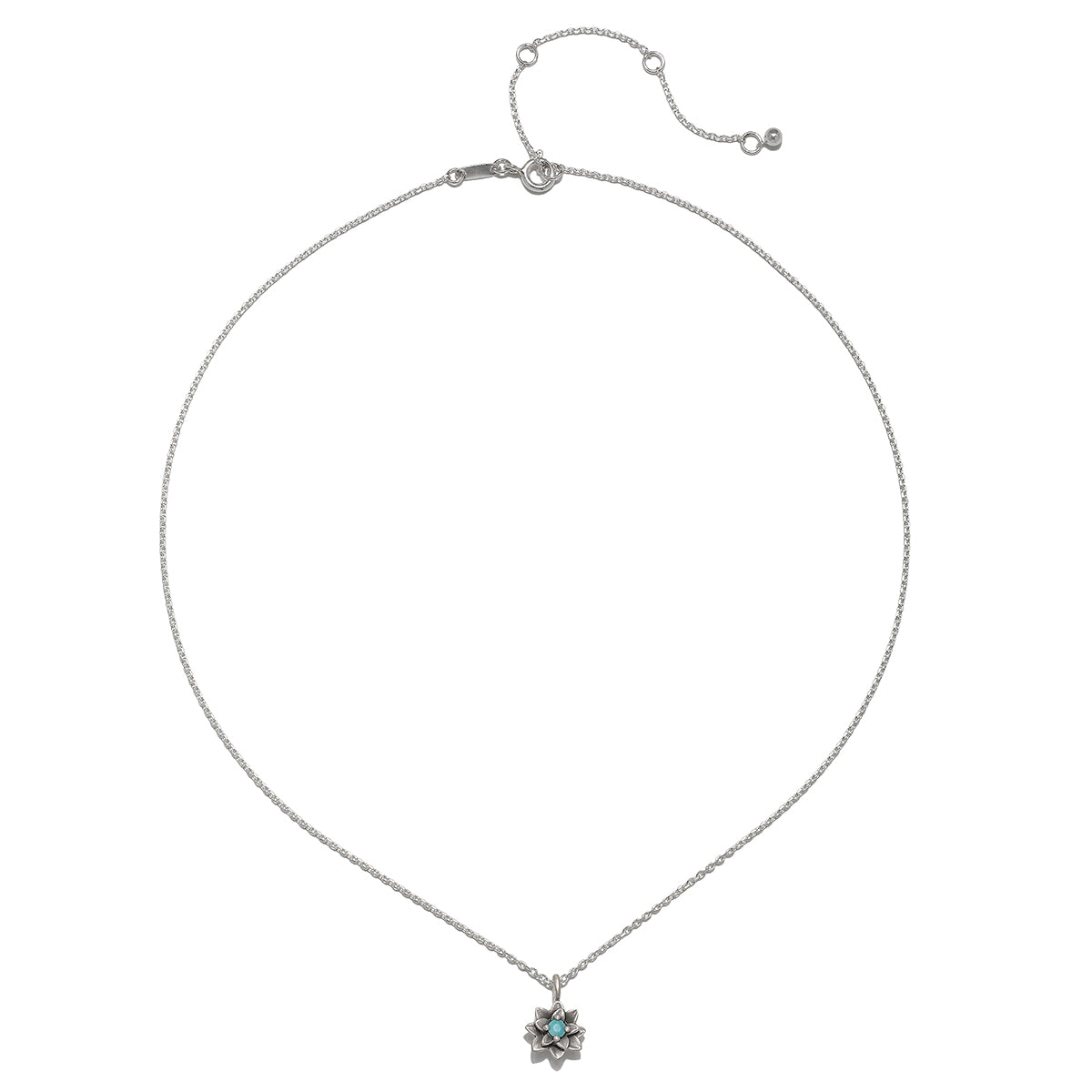 Close-up of the Soul Renewal Silver Lotus Necklace, highlighting its intricate design and turquoise stone, making it a meaningful talisman for meditation and spiritual practices, embodying charm and elegance.