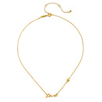 Close-up of the Adorned with Love Gold Necklace featuring the word 'Love' in elegant script, representing spirituality and individuality. A meaningful piece of jewelry that serves as a talisman for protection and manifestation during yoga and meditation.