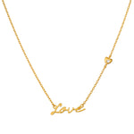 Adorned with Love Gold Necklace featuring a delicate "Love" script and a tiny heart, symbolizing love and protection. This spiritual jewelry embodies meaningful charm and is perfect for meditation and yoga practices.