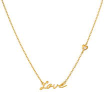 Adorned with Love Gold Necklace featuring a delicate "Love" script and a tiny heart, symbolizing love and protection. This spiritual jewelry embodies meaningful charm and is perfect for meditation and yoga practices.
