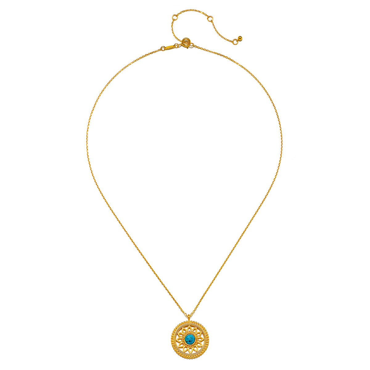 The Nurture Intuition Turquoise Mandala Necklace displayed elegantly, highlighting the 18kt gold plate and turquoise gemstone, perfect for those seeking spiritual connection and meaningful talismans.