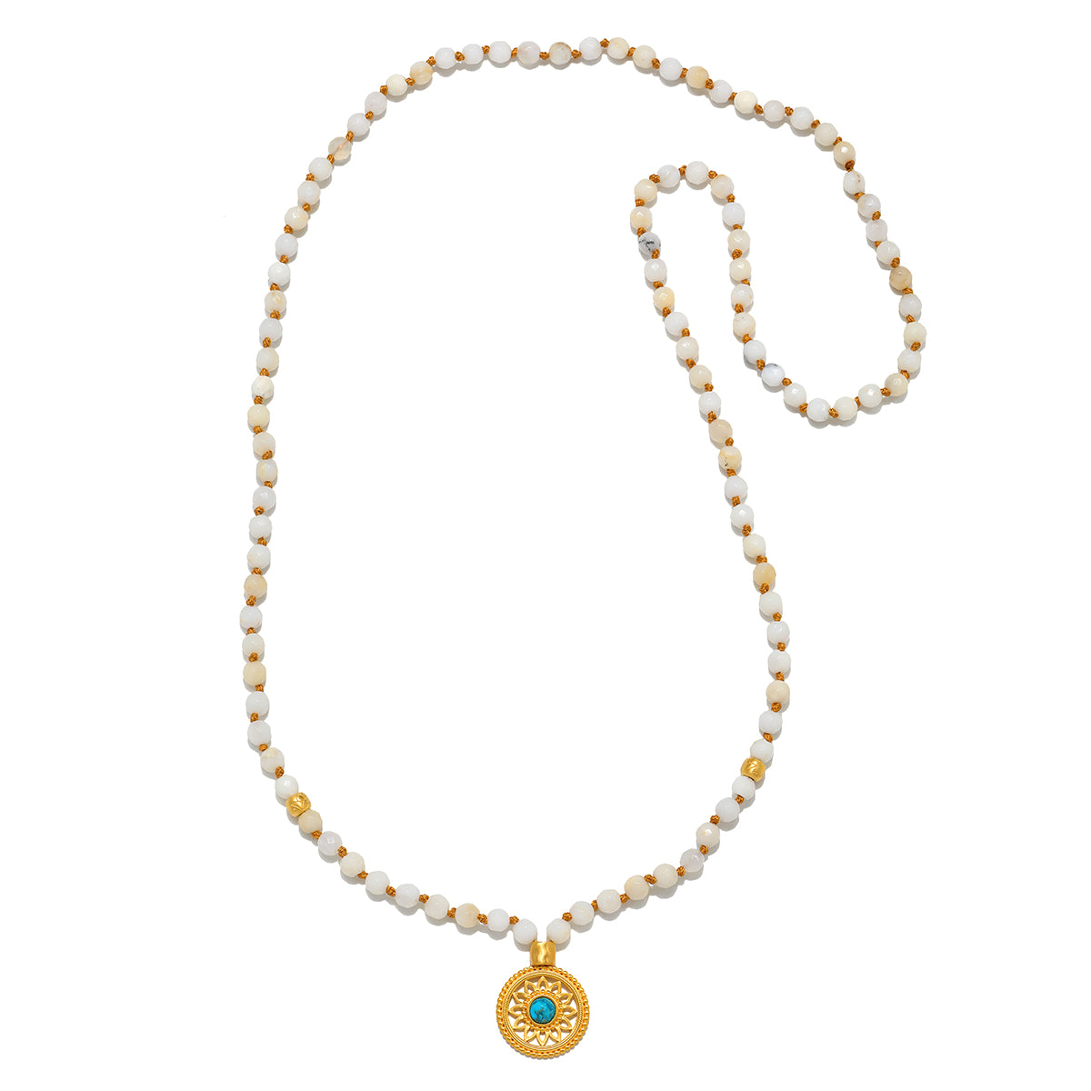 Flat lay of the Step Into Self White Opal Mandala Mala displayed neatly, emphasizing the 108 white opal and turquoise beads along with the mandala pendant, perfect for those seeking a connection to spiritual meaning and manifestation.