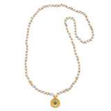 Flat lay of the Step Into Self White Opal Mandala Mala displayed neatly, emphasizing the 108 white opal and turquoise beads along with the mandala pendant, perfect for those seeking a connection to spiritual meaning and manifestation.