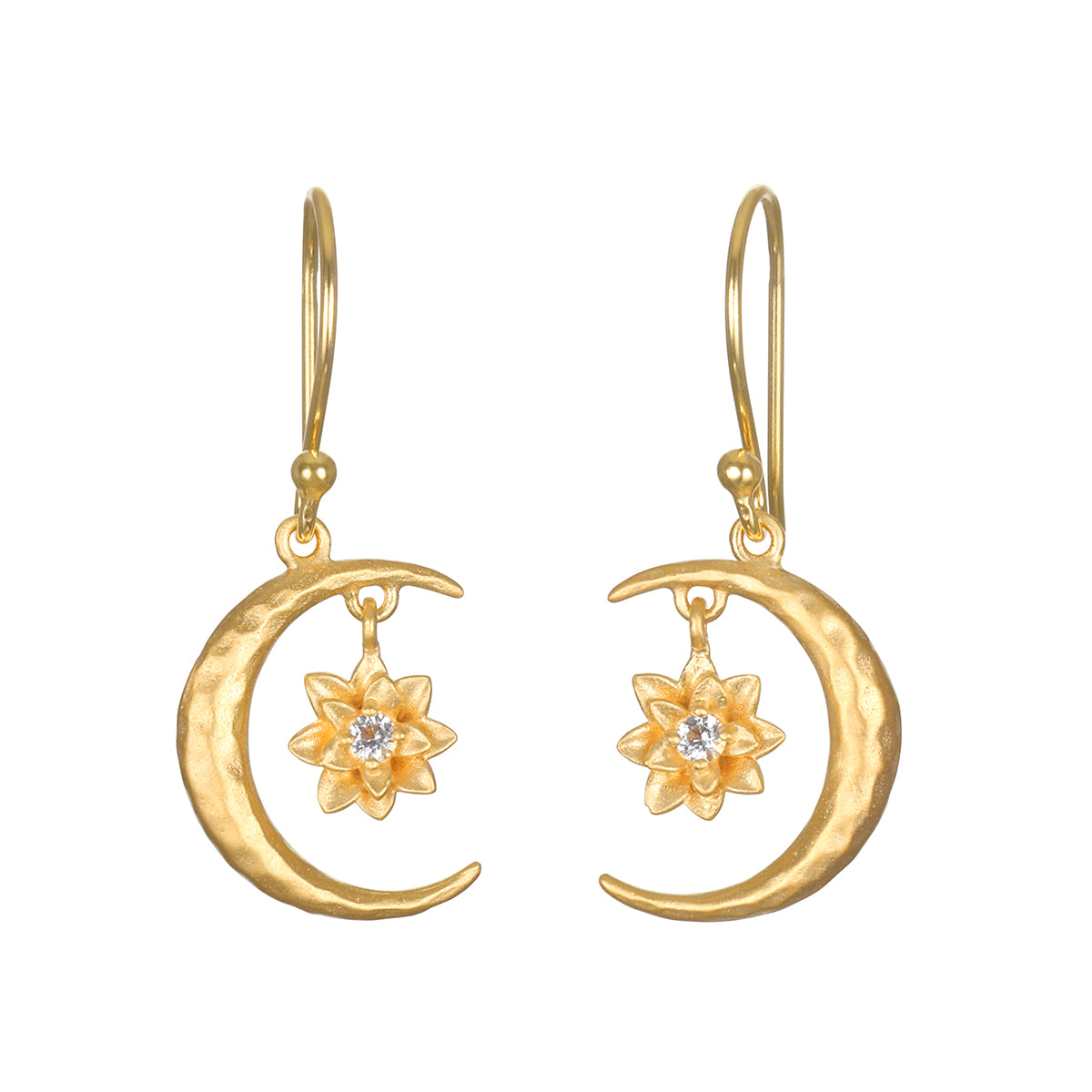 Stunning Spirit in Transformation Lotus Moon Earrings featuring a crescent moon and lotus design, perfect for spiritual jewelry enthusiasts. Ideal for meditation, this talisman embodies the essence of the zodiac and offers protection, making it a meaningful charm for manifestation and yoga practices.