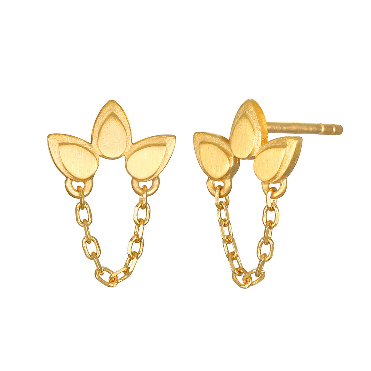 Bloom of Hope Lotus Chain Earrings feature three gold-plated lotus petals connected by a delicate chain, symbolizing new beginnings and spiritual growth. Ideal for meditation and manifestation, this piece embodies meaningful charm and protection, perfect for yoga enthusiasts and zodiac lovers.