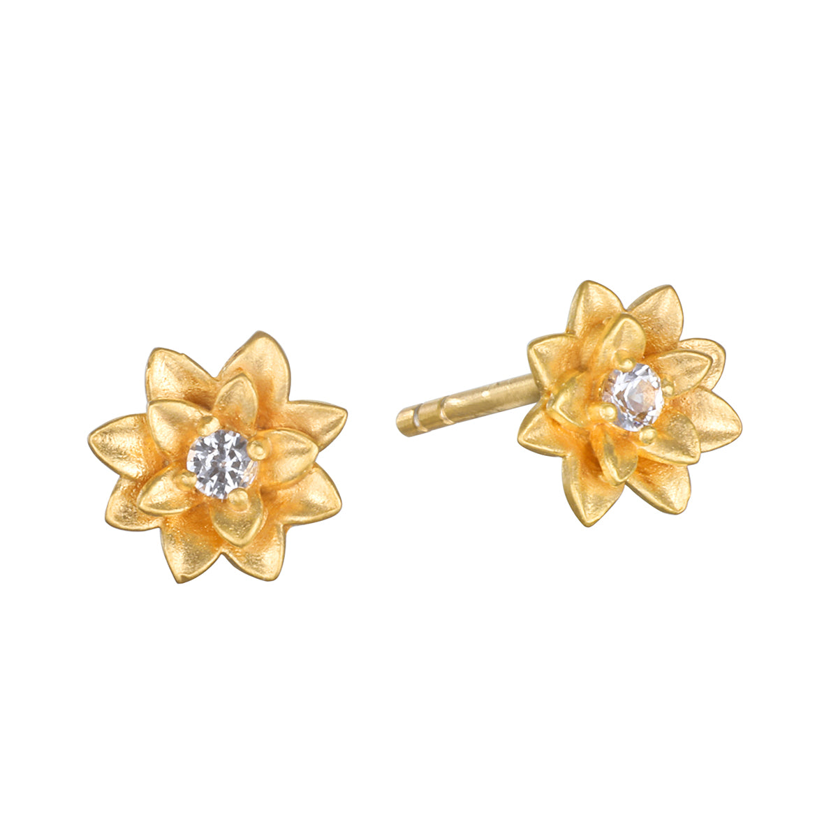 Soul Renewal Gold Lotus Earrings displayed beautifully, featuring a lotus flower design with a sparkling white topaz, symbolizing new beginnings and full potential, perfect for those who appreciate spiritual jewelry and seek meaningful accessories for meditation and manifestation.