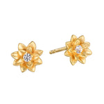 Soul Renewal Gold Lotus Earrings displayed beautifully, featuring a lotus flower design with a sparkling white topaz, symbolizing new beginnings and full potential, perfect for those who appreciate spiritual jewelry and seek meaningful accessories for meditation and manifestation.
