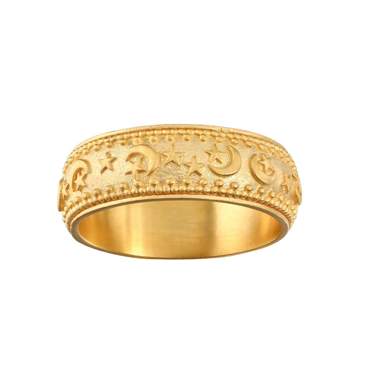 Gold band ring with celestial-themed embossed design featuring moons and stars on the dome-shaped top.