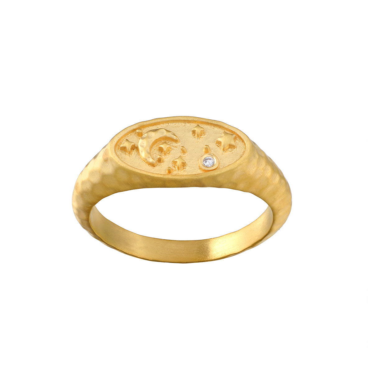 Gold signet ring with celestial engravings on oval face and small diamond accent.