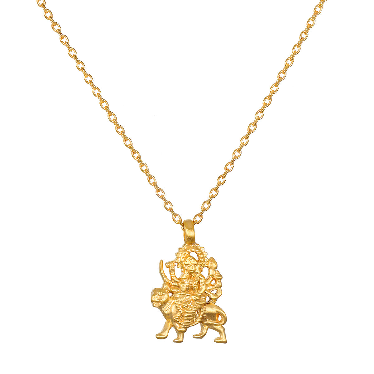 A gold-toned necklace with a fine cable chain and a pendant of a multi-armed figure seated on a tiger.