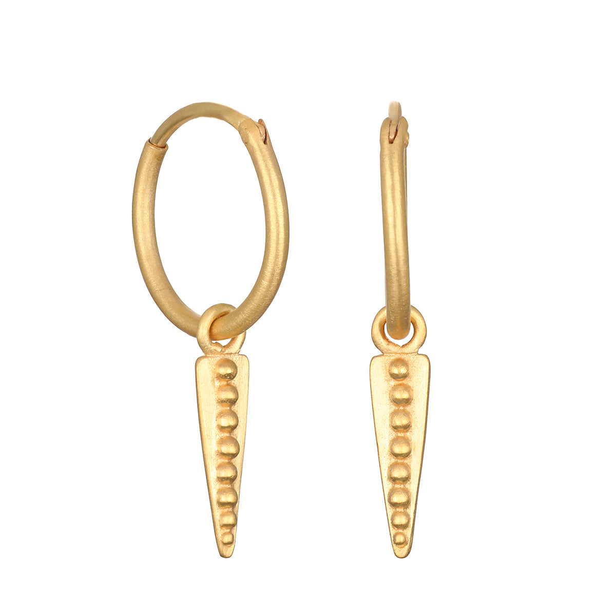 A pair of matte gold hoop earrings, each with a dangling triangular dagger charm decorated with a vertical row of small beads.