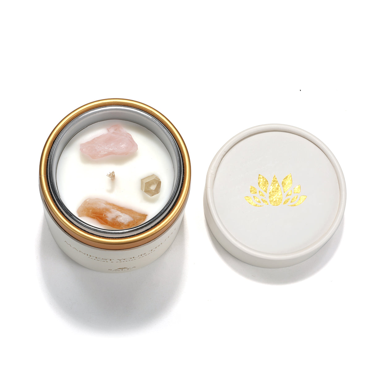 Ambient view of the Manifest Your Truth Intention Candle with its lid removed, displaying gemstones designed for meaningful meditation practices. This spiritual candle is ideal for those seeking charm and empowerment in their ritual practices.