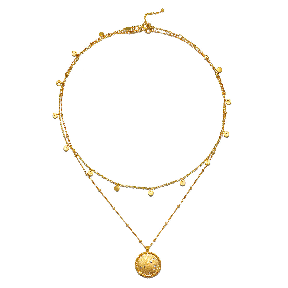 Intention of Guidance Necklace Set displayed against a white background, highlighting its dual layered structure and circular pendant, symbolizing spiritual jewelry and meditation for personal meaning and manifestation.
