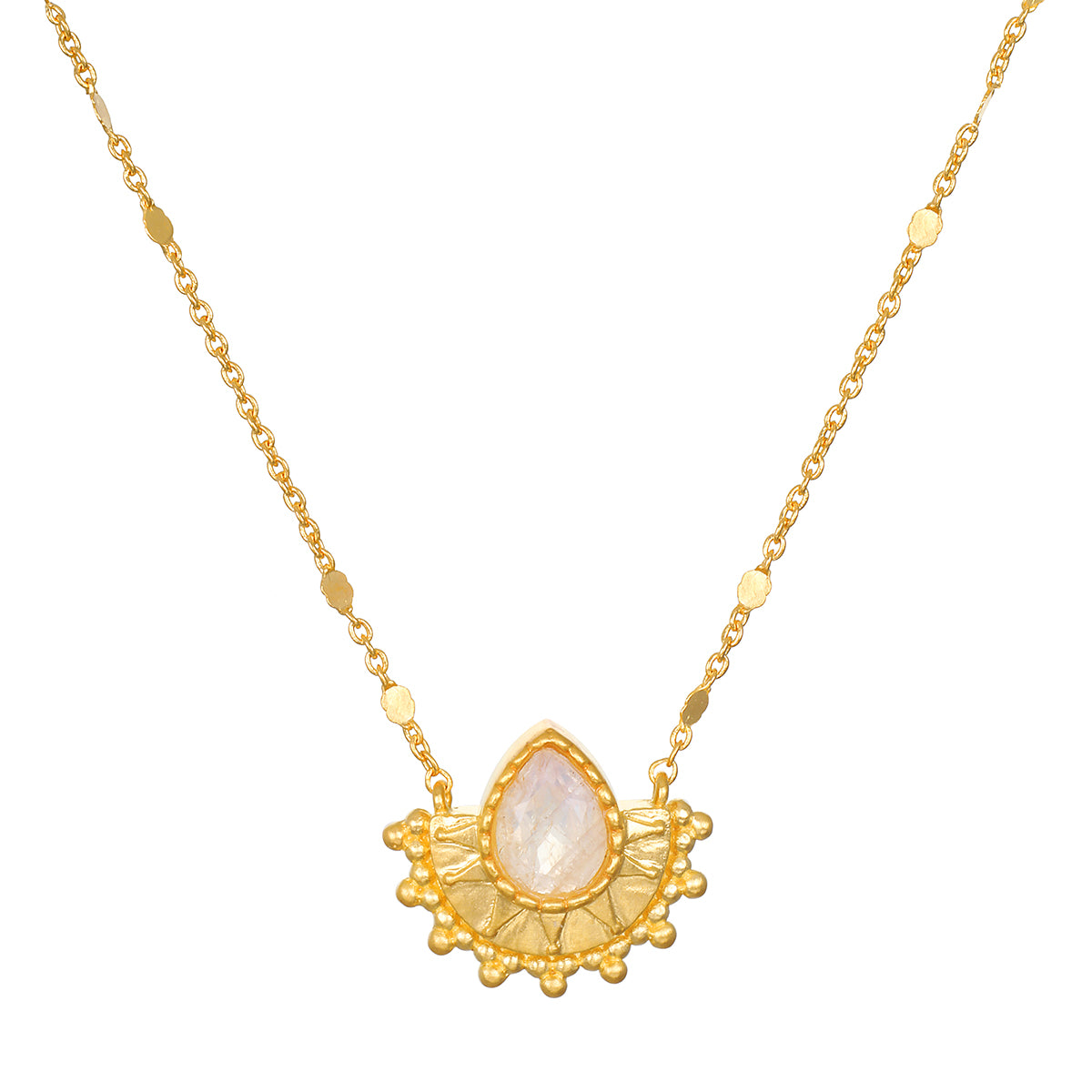 Majestic Light Moonstone Necklace showcased beautifully, featuring a teardrop-shaped moonstone set in a golden cornice, representing spiritual jewelry, meditation, and protection for your journey.