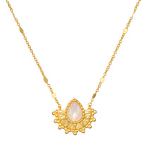 Majestic Light Moonstone Necklace showcased beautifully, featuring a teardrop-shaped moonstone set in a golden cornice, representing spiritual jewelry, meditation, and protection for your journey.