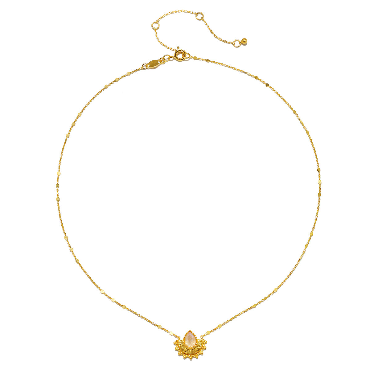 Elegant display of the Majestic Light Moonstone Necklace, highlighting its intricate design and connection to spiritual practice, meditation, and zodiac symbolism for meaningful connections.