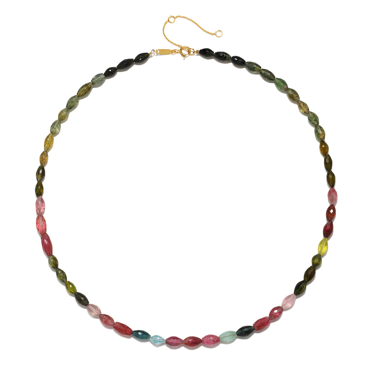 Close-up of the Awaken to Peace 14kt Gold Tourmaline Necklace showcasing its vibrant multi-tourmaline beads, ideal as spiritual jewelry that represents meditation, protection, and meaningful manifestation for yoga practitioners and zodiac aficionados.