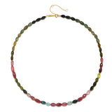 Close-up of the Awaken to Peace 14kt Gold Tourmaline Necklace showcasing its vibrant multi-tourmaline beads, ideal as spiritual jewelry that represents meditation, protection, and meaningful manifestation for yoga practitioners and zodiac aficionados.
