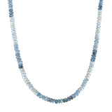 Shades of Courage 14kt Gold Aquamarine Necklace featuring beautifully shaded aquamarine gemstones, perfect for meditation and manifestation. This spiritual jewelry serves as a talisman for tranquility and protection, connecting with the energy of the sun and moon. An ideal piece for yoga enthusiasts and those seeking meaningful adornments.