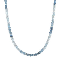 Shades of Courage 14kt Gold Aquamarine Necklace featuring beautifully shaded aquamarine gemstones, perfect for meditation and manifestation. This spiritual jewelry serves as a talisman for tranquility and protection, connecting with the energy of the sun and moon. An ideal piece for yoga enthusiasts and those seeking meaningful adornments.