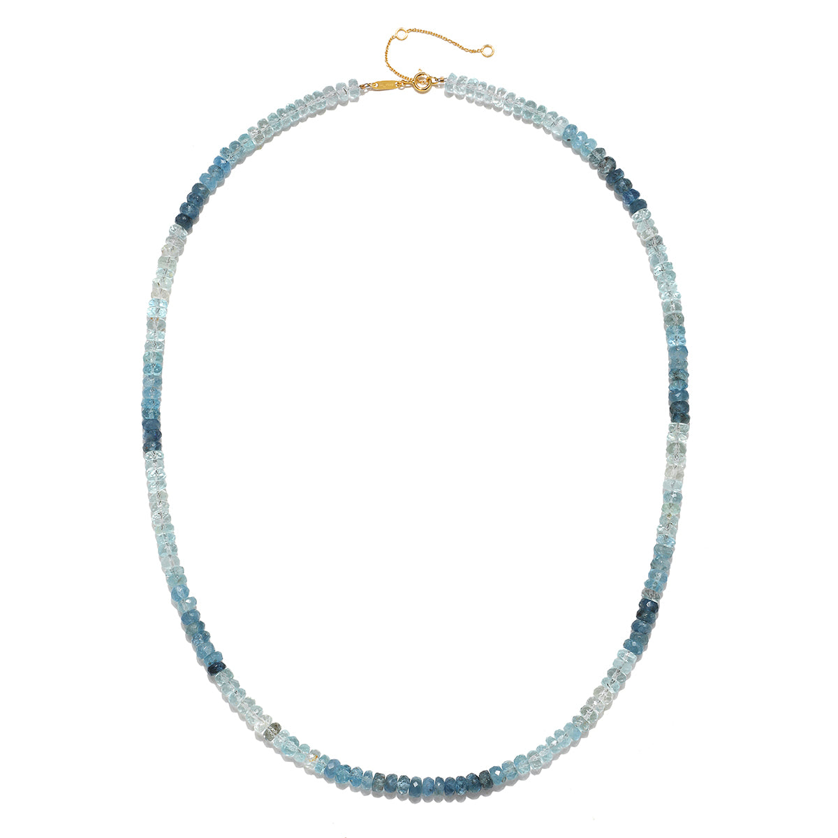 Shades of Courage 14kt Gold Aquamarine Necklace featuring a beautiful ombré effect with varying shades of aquamarine gemstones. This exquisite piece of spiritual jewelry is perfect for meditation and serves as a meaningful talisman for tranquility, courage, and peace. Ideal for those interested in yoga and manifestation, it embodies the essence of protection and connection to the sun and moon.