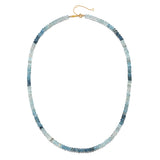 Shades of Courage 14kt Gold Aquamarine Necklace featuring a beautiful ombré effect with varying shades of aquamarine gemstones. This exquisite piece of spiritual jewelry is perfect for meditation and serves as a meaningful talisman for tranquility, courage, and peace. Ideal for those interested in yoga and manifestation, it embodies the essence of protection and connection to the sun and moon.