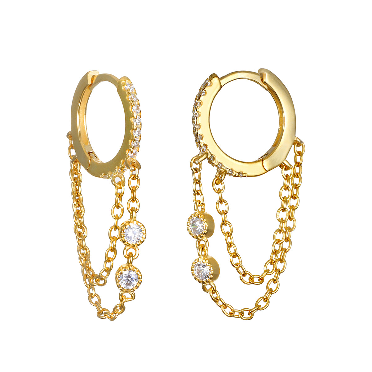 A pair of gold huggie hoop earrings with small clear crystals and draped double chains holding two round stones.