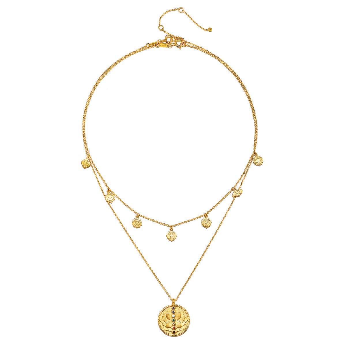 A full view of the Intention of Balance Necklace Set displaying its intricate layers, including a coin pendant and chakra symbols, representing a meaningful talisman for zodiac alignment and meditation.