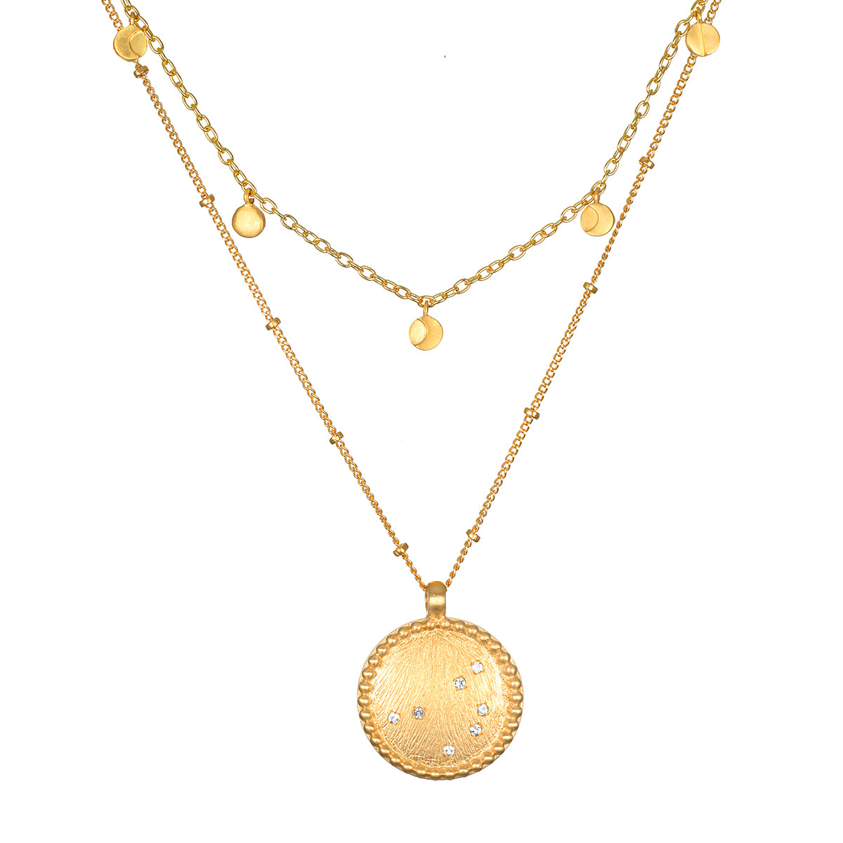 Intention of Guidance Necklace Set featuring a gold layered design with a circular pendant and delicate charms, embodying spiritual jewelry, meditation, and protection, perfect for yoga and meaningful manifestations.