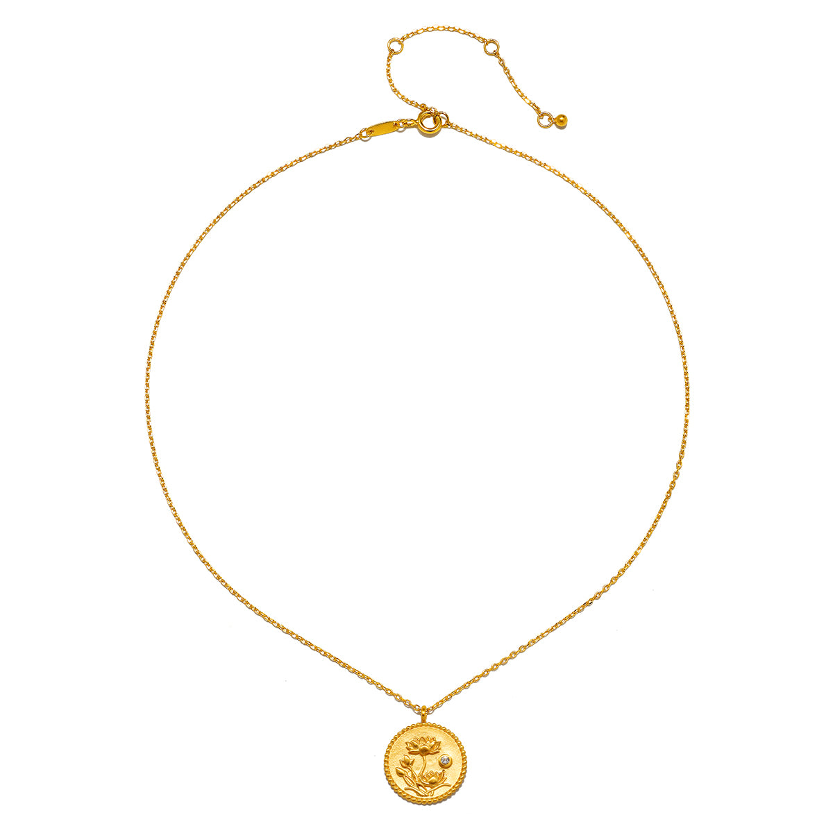 The Joyful Beginnings Necklace displayed against a soft backdrop, showcasing its stunning gold lotus pendant and adjustable chain, a meaningful addition to spiritual collections and practices like yoga and talisman energy.