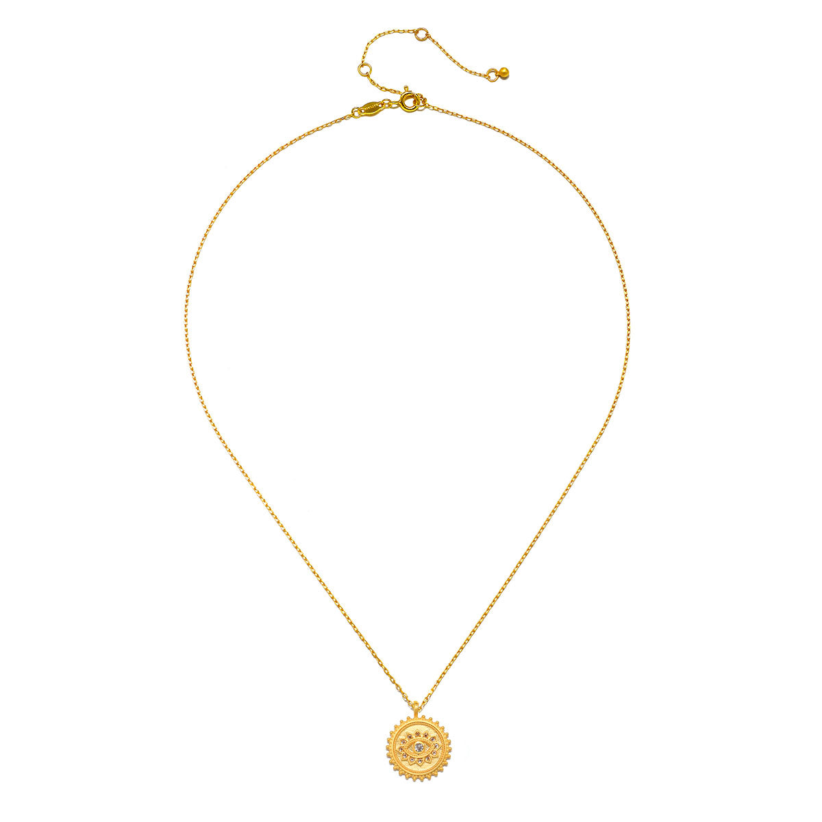 True Visionary White Topaz Evil Eye Coin Necklace featuring an 18kt gold plate pendant with an evil eye symbol, designed as spiritual jewelry for protection, manifestation, and meditation, perfect for yoga enthusiasts and those interested in meaningful talismans.