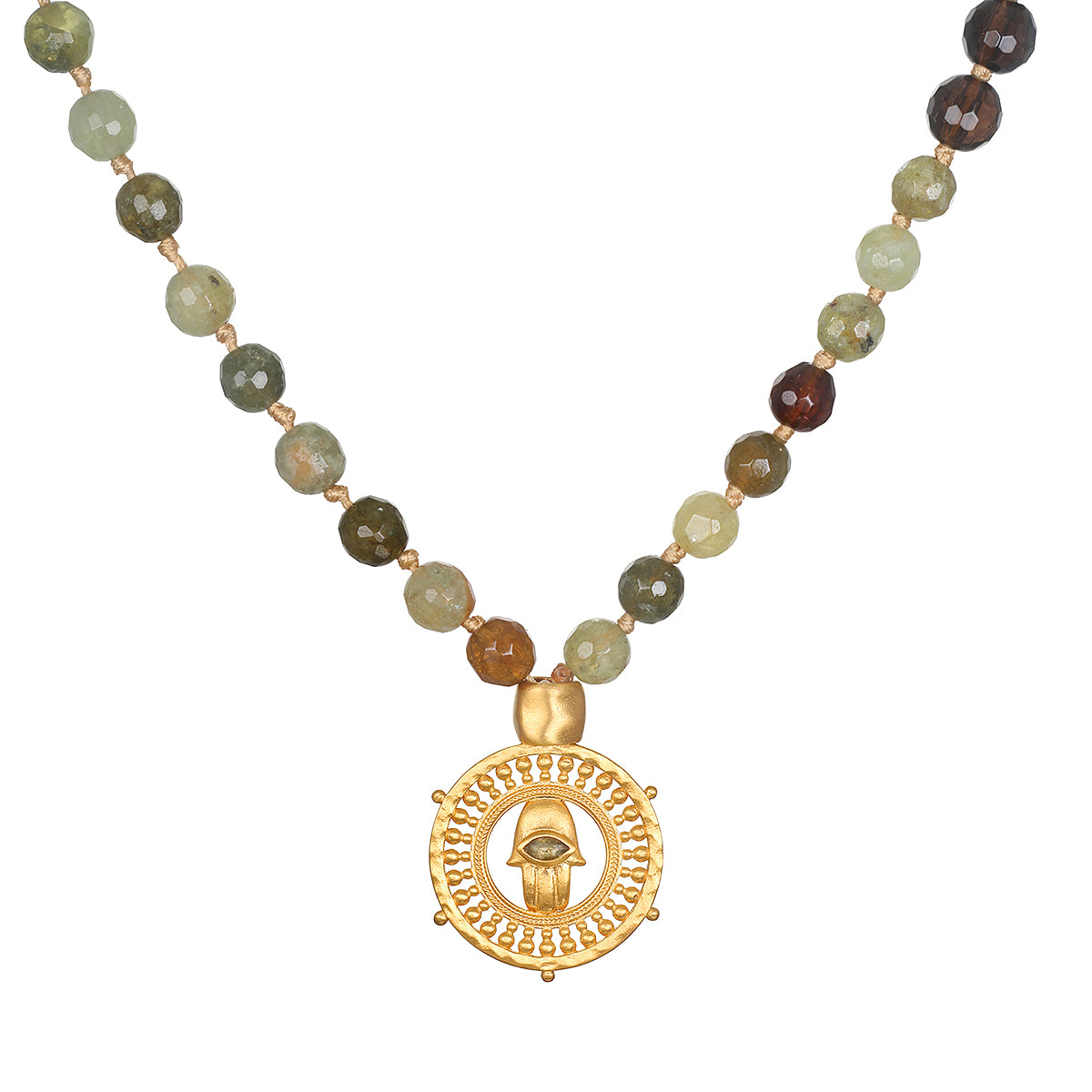 Inhabit Your Power Smokey Quartz Green Garnet Mala featuring 108 smokey quartz and green garnet beads, designed as spiritual jewelry for meditation and as a meaningful talisman. This mala symbolizes protection with its intricate hamsa charm and evil eye made of labradorite, perfect for those practicing yoga and manifestation. Ideal for enhancing spirituality and zodiac connections.
