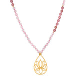Bloom In Love Rose Quartz Lotus Mala with rose quartz beads and a gold-plated lotus pendant, symbolizing unconditional love and new beginnings. Ideal spiritual jewelry for meditation and manifestation practices, serving as a protective talisman. A meaningful accessory for yoga enthusiasts and those interested in zodiac charms.