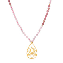 Bloom In Love Rose Quartz Lotus Mala with rose quartz beads and a gold-plated lotus pendant, symbolizing unconditional love and new beginnings. Ideal spiritual jewelry for meditation and manifestation practices, serving as a protective talisman. A meaningful accessory for yoga enthusiasts and those interested in zodiac charms.