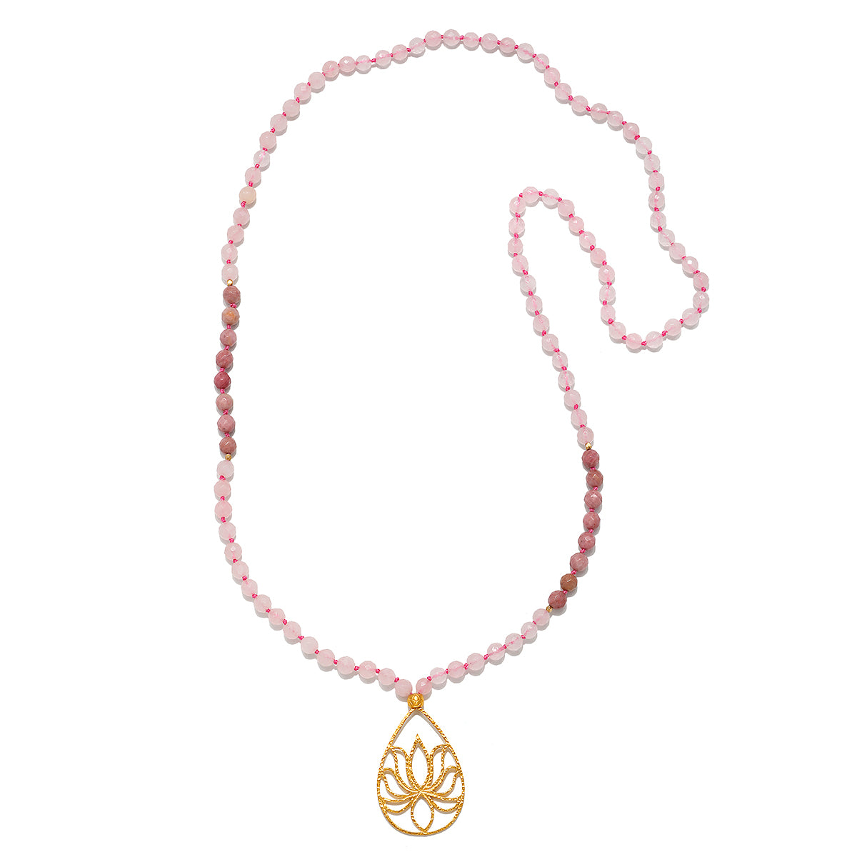 The Bloom In Love Rose Quartz Lotus Mala features 108 hand-beaded rose quartz beads, symbolizing unconditional love and compassion. Anchored by a gold-plated lotus flower, this spiritual jewelry piece serves as a beautiful talisman for meditation and manifestation practices. Perfect for yoga enthusiasts and those seeking spiritual protection, this mala embodies meaning and charm.