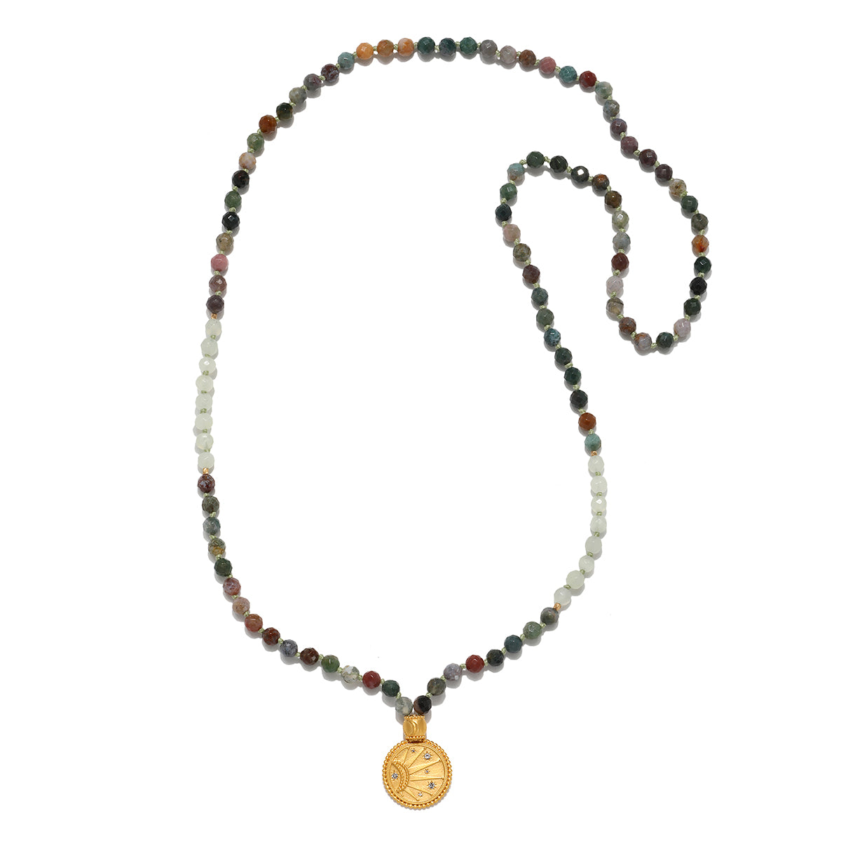 Beacon of Creativity Fancy Jasper Celestial Mala, featuring hand-beaded 108 fancy jasper beads, a golden coin pendant engraved with the sun and moon, ideal for spiritual jewelry, meditation, and manifestation practices. This meaningful mala serves as a talisman for creativity and grounding, perfect for yoga enthusiasts.