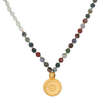 Beacon of Creativity Fancy Jasper Celestial Mala featuring a golden sun pendant, perfect for spiritual jewelry, meditation, and showcasing the meaning of protection and manifestation in yoga practices.